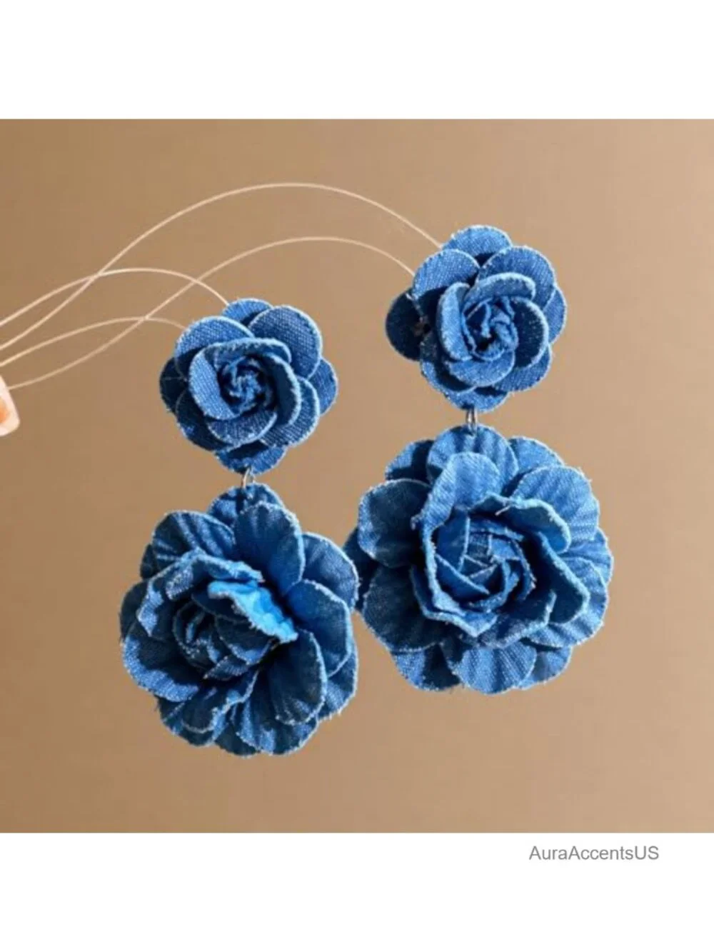 Denim Flower Statement Earrings, Boho Fabric Rose Dangle Earrings Lightweight